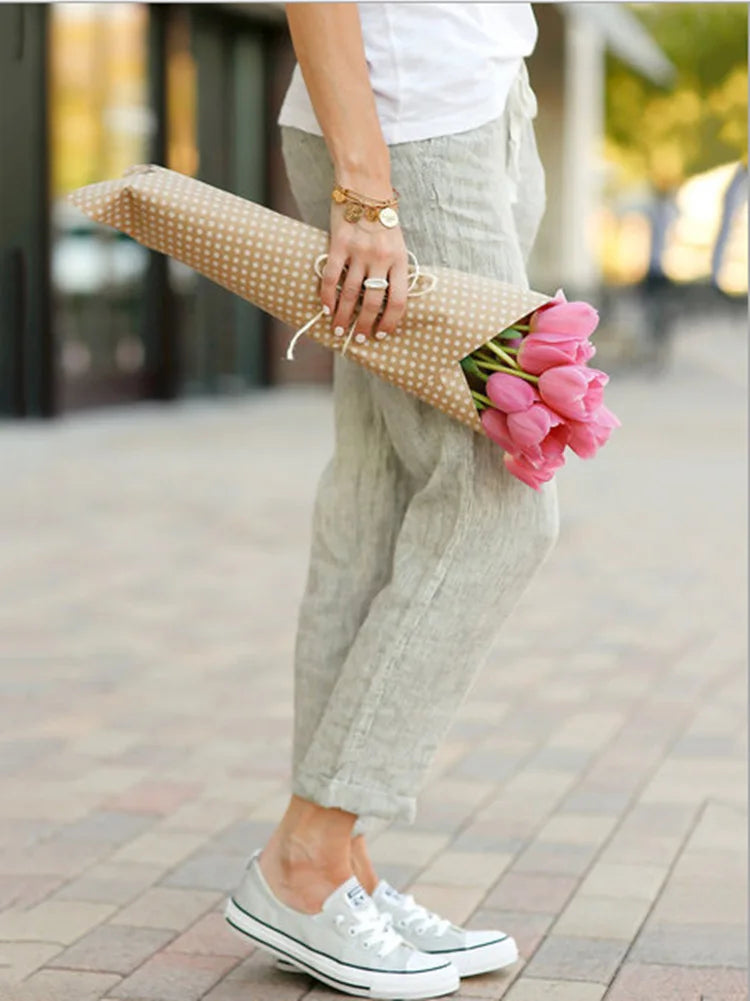 Summer Cotton Women's Pants Drawstring Elastic Waist Casual Pants Female Loose Fashion Elegant Ladies Bottom