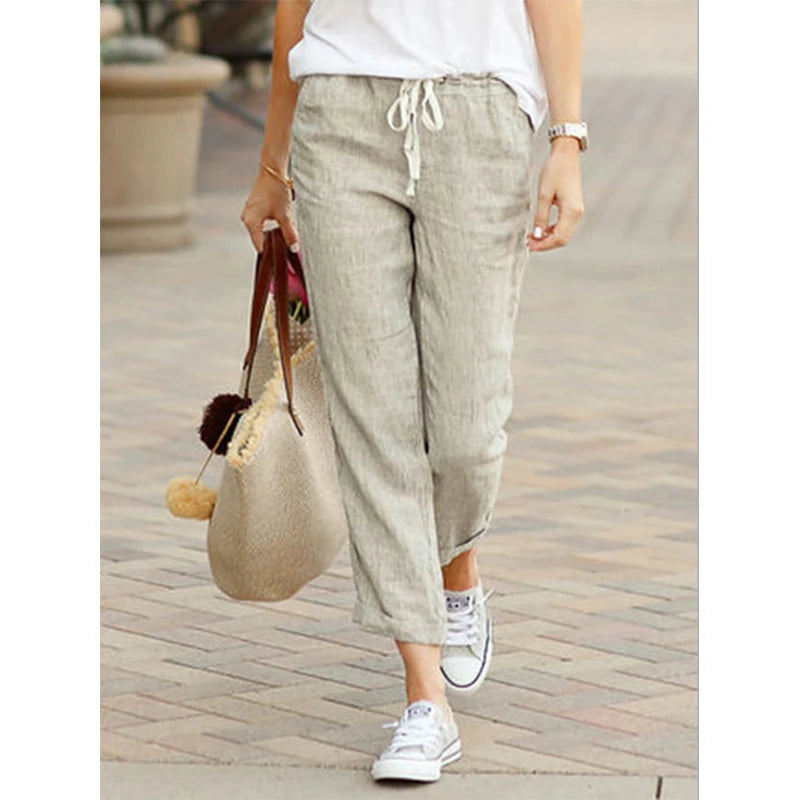 Summer Cotton Women's Pants Drawstring Elastic Waist Casual Pants Female Loose Fashion Elegant Ladies Bottom