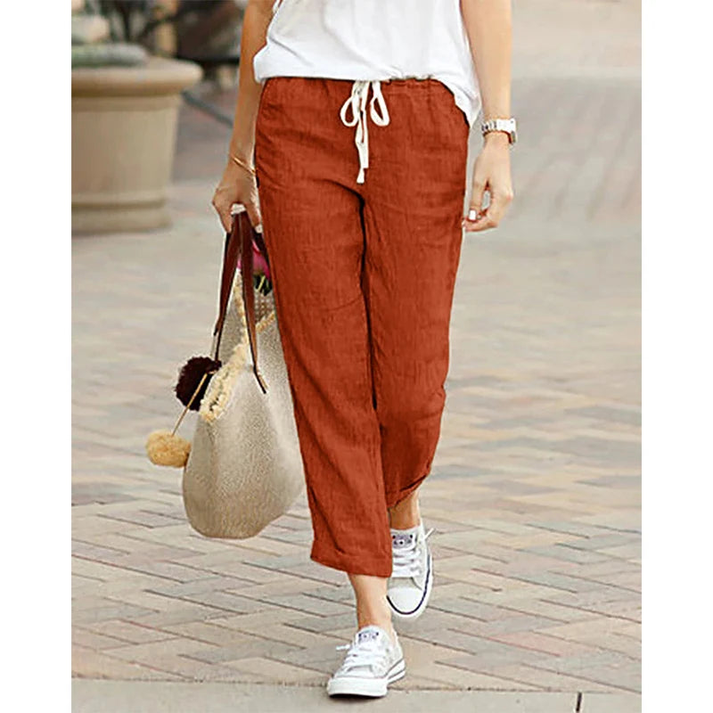 Summer Cotton Women's Pants Drawstring Elastic Waist Casual Pants Female Loose Fashion Elegant Ladies Bottom