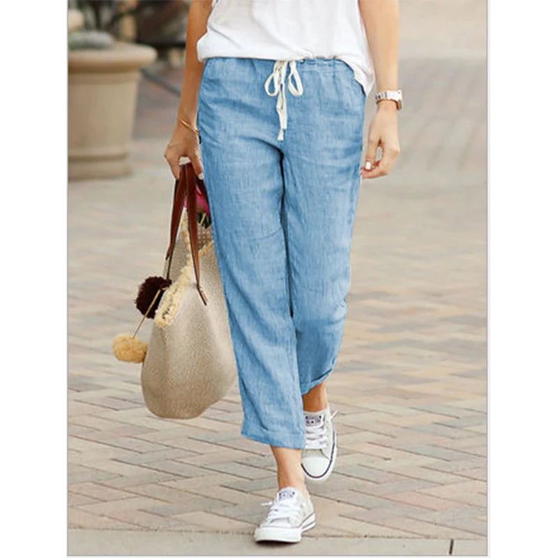 Summer Cotton Women's Pants Drawstring Elastic Waist Casual Pants Female Loose Fashion Elegant Ladies Bottom