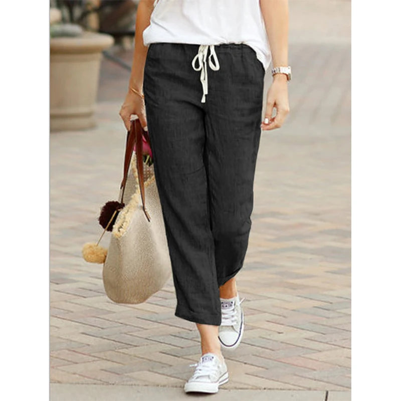 Summer Cotton Women's Pants Drawstring Elastic Waist Casual Pants Female Loose Fashion Elegant Ladies Bottom