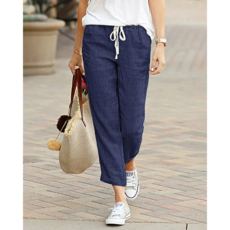 Summer Cotton Women's Pants Drawstring Elastic Waist Casual Pants Female Loose Fashion Elegant Ladies Bottom