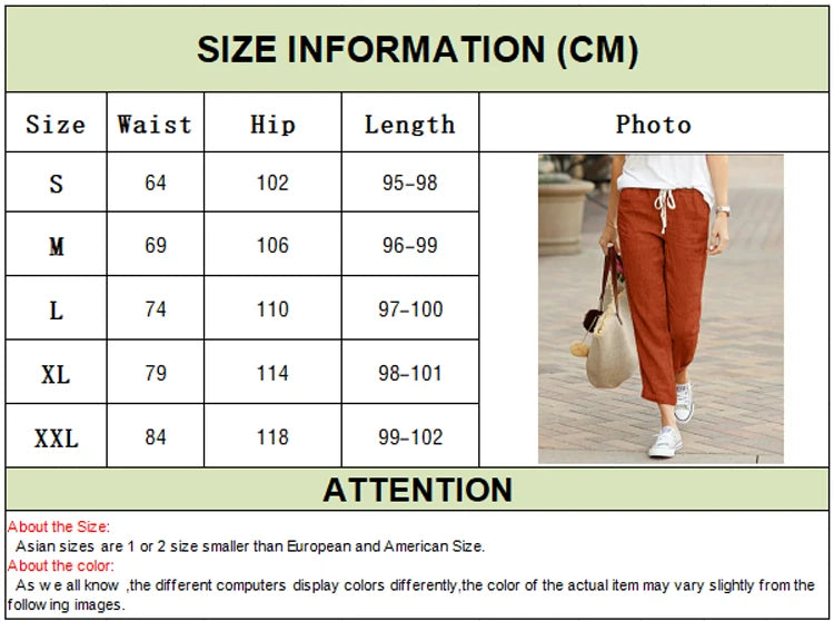 Summer Cotton Women's Pants Drawstring Elastic Waist Casual Pants Female Loose Fashion Elegant Ladies Bottom
