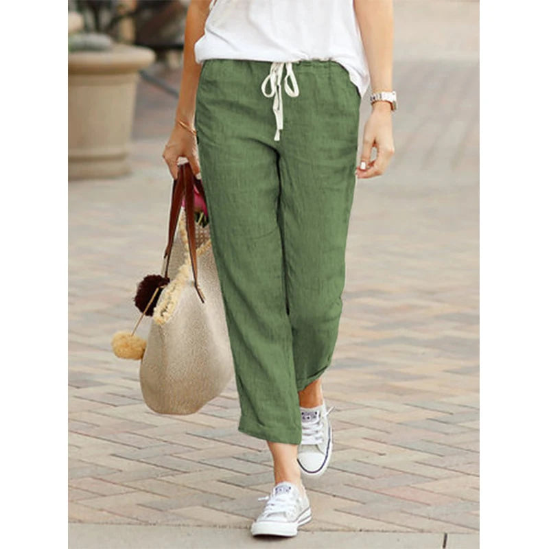 Summer Cotton Women's Pants Drawstring Elastic Waist Casual Pants Female Loose Fashion Elegant Ladies Bottom