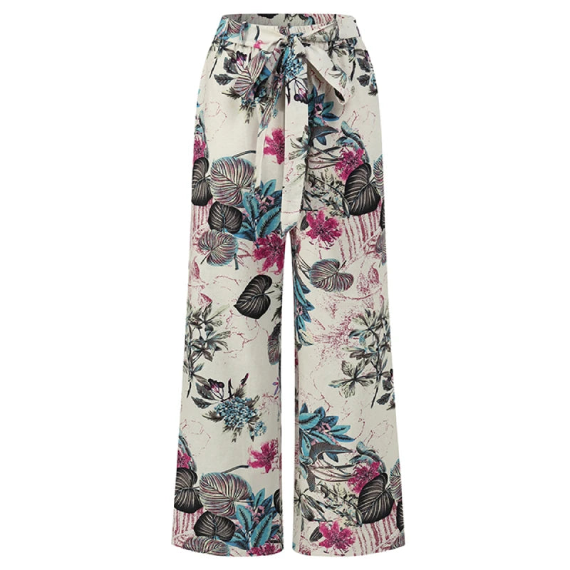 Vintage Women Drawstring Trousers Spring Autumn Fashion Floral Printed Wide Leg Pants Ladies Casual Loose Long Pantalones