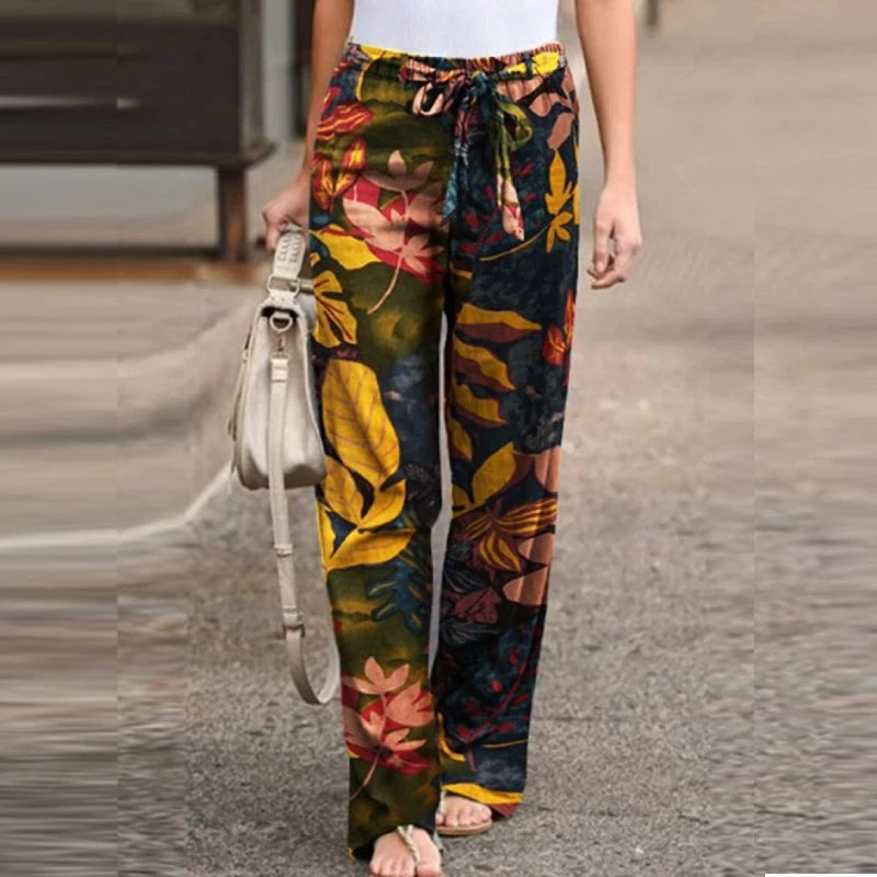 Vintage Women Drawstring Trousers Spring Autumn Fashion Floral Printed Wide Leg Pants Ladies Casual Loose Long Pantalones