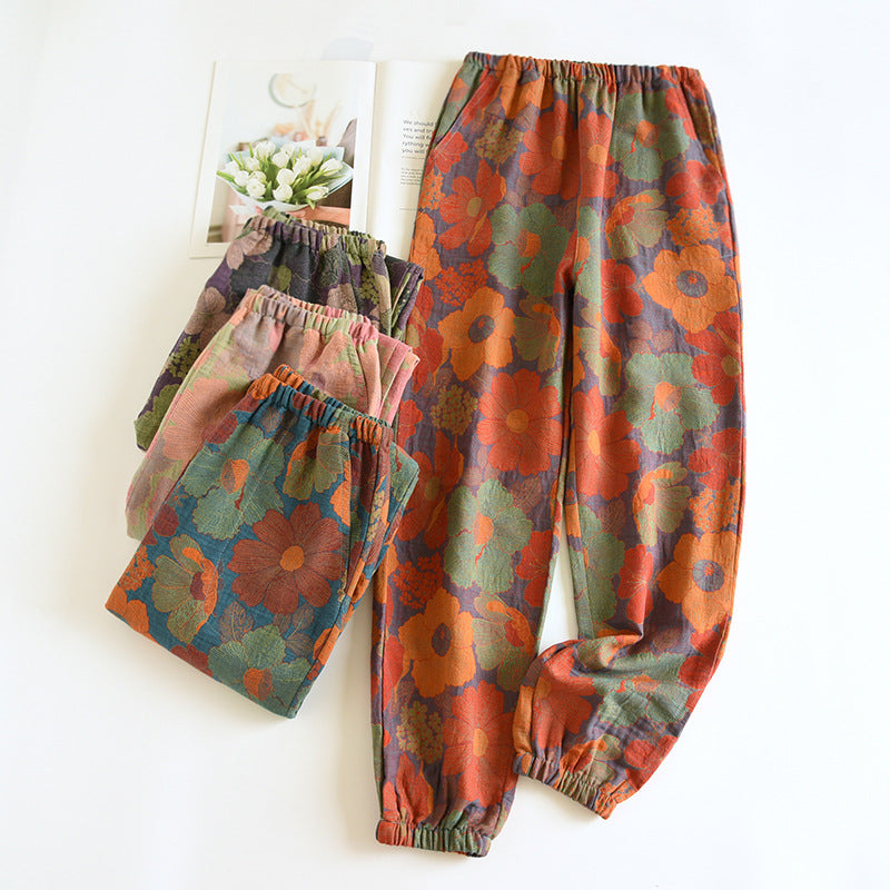 Leaves Printing Cotton Pajama Pants for Women Spring and Autumn Thin Cotton Closure Feet Loose Fitting Mosquito Proof Home Pants