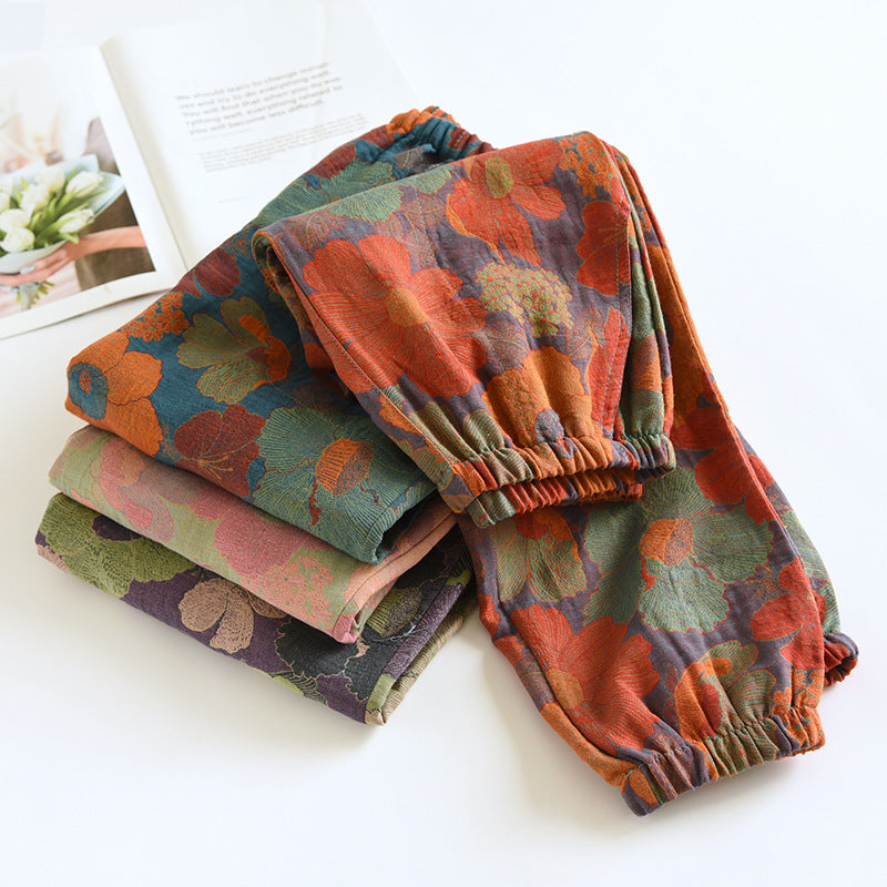 Leaves Printing Cotton Pajama Pants for Women Spring and Autumn Thin Cotton Closure Feet Loose Fitting Mosquito Proof Home Pants