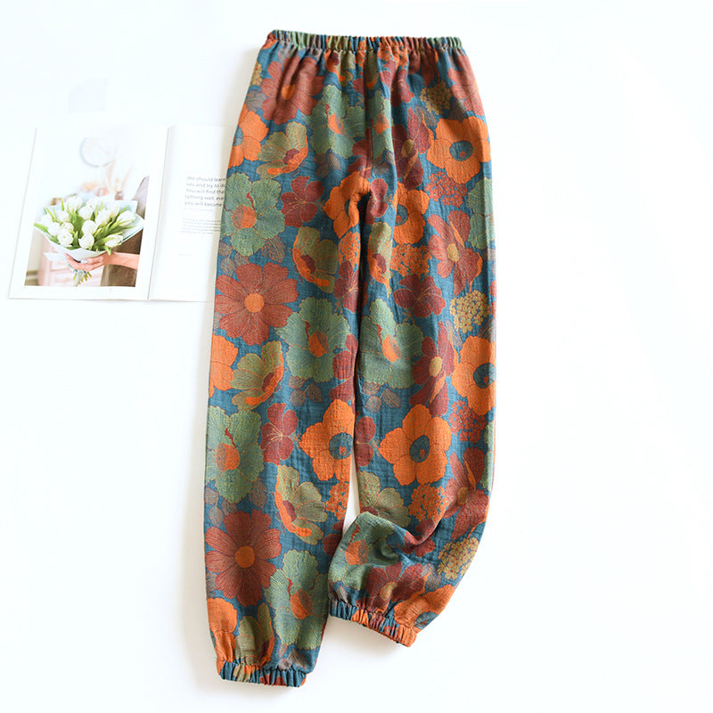 Leaves Printing Cotton Pajama Pants for Women Spring and Autumn Thin Cotton Closure Feet Loose Fitting Mosquito Proof Home Pants