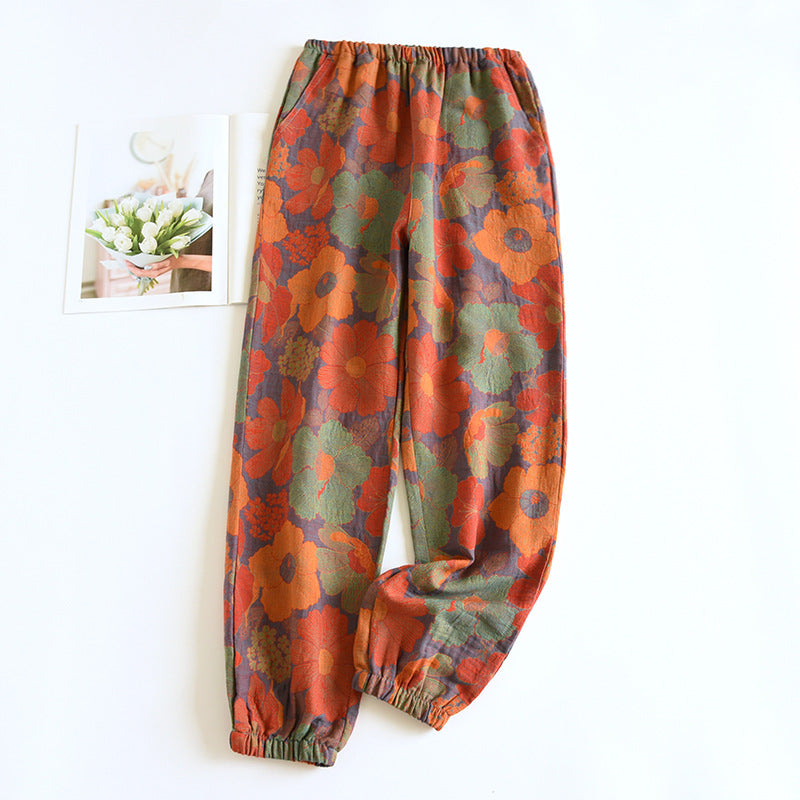 Leaves Printing Cotton Pajama Pants for Women Spring and Autumn Thin Cotton Closure Feet Loose Fitting Mosquito Proof Home Pants