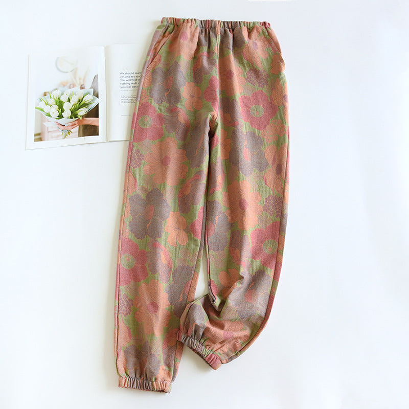Leaves Printing Cotton Pajama Pants for Women Spring and Autumn Thin Cotton Closure Feet Loose Fitting Mosquito Proof Home Pants