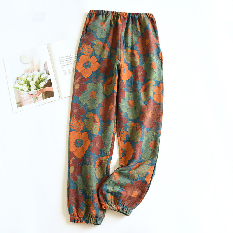 Leaves Printing Cotton Pajama Pants for Women Spring and Autumn Thin Cotton Closure Feet Loose Fitting Mosquito Proof Home Pants