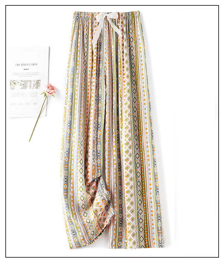 Women Casual Autumn Wide Leg Pants Floral Beach Trousers High Waist Boho Ethnic Style Calf Pants Four Season Girls Home Clothes