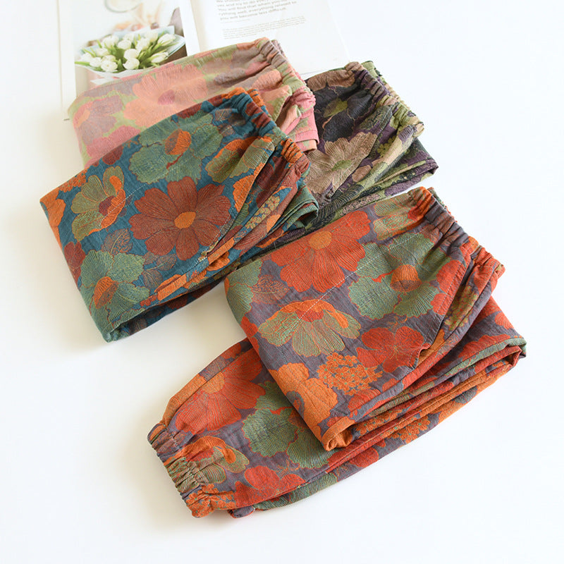 Leaves Printing Cotton Pajama Pants for Women Spring and Autumn Thin Cotton Closure Feet Loose Fitting Mosquito Proof Home Pants