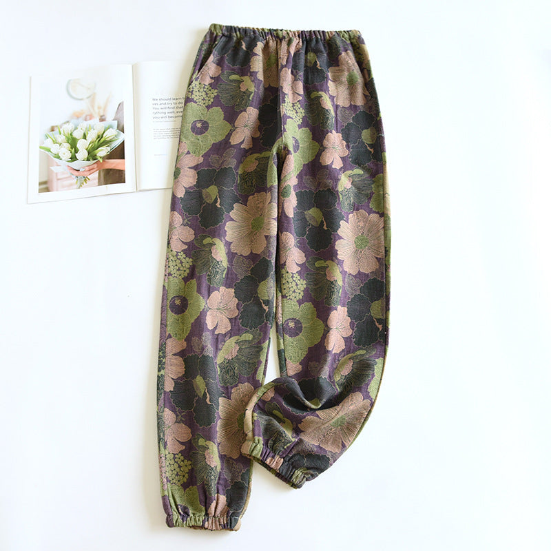 Leaves Printing Cotton Pajama Pants for Women Spring and Autumn Thin Cotton Closure Feet Loose Fitting Mosquito Proof Home Pants