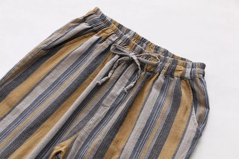 Striped Vintage Elastic High Waist Lace Up Cotton Linen Women's Pants Korean Fashion Wide Leg Ankle-Length Pants For Women 2025