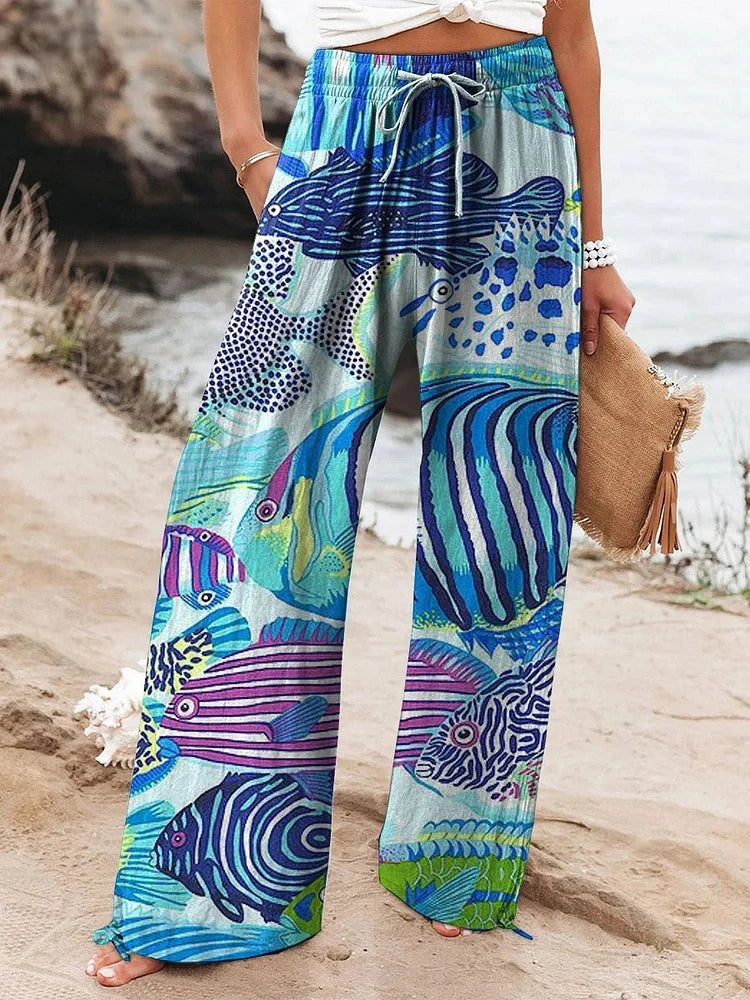 New Women's Drawstring Relaxed-Fit Casual Pants 3D Floral Print Comfortably Chic Wide-Leg Pants