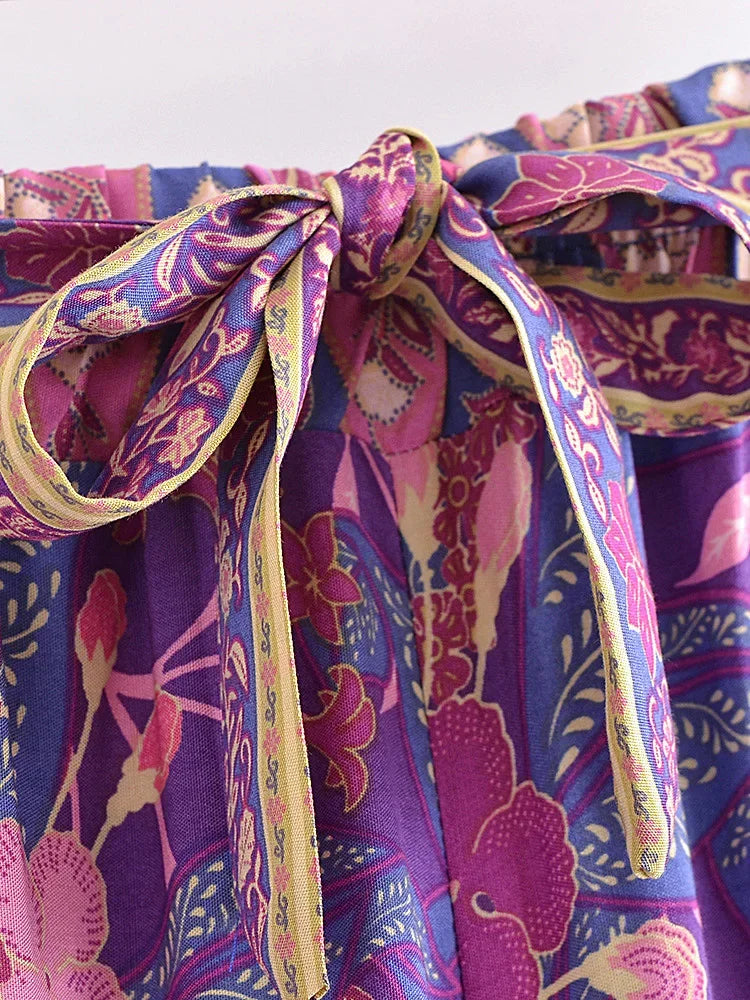 Boho Queens Autumn Women Purple Floral Print Bohemian Wide Leg Pants Lady Gothic Elastic Waist Loose Boho Pant Holiday Trousers