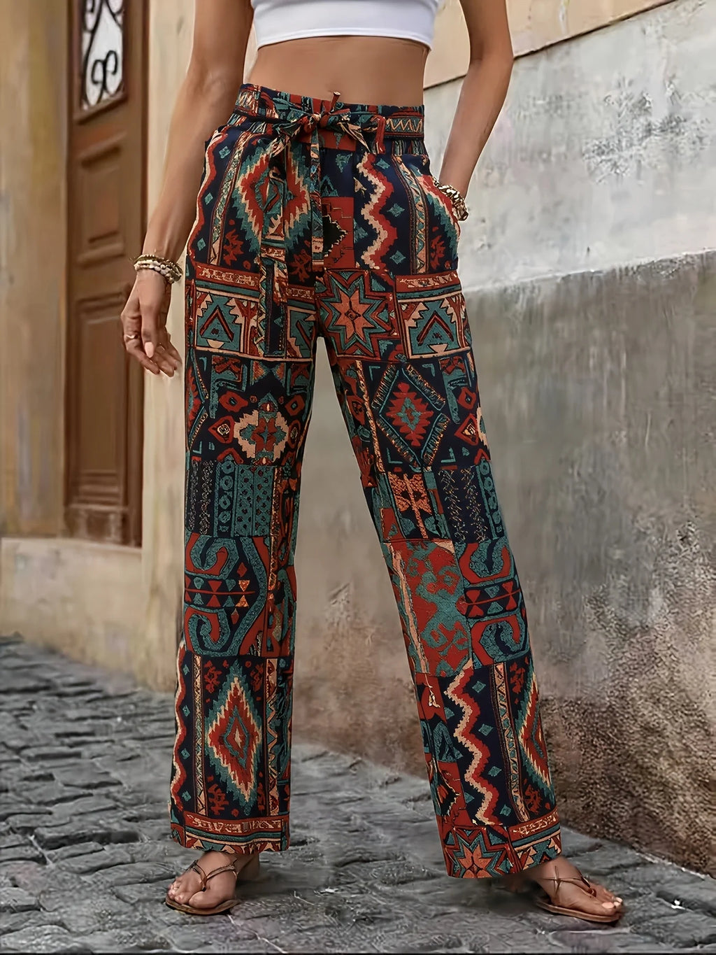 Ethnic Geometric Print Wide-Leg Pants, High-Waist Lace-Up Slimming Ankle-Length Trousers, Vacation Outfit