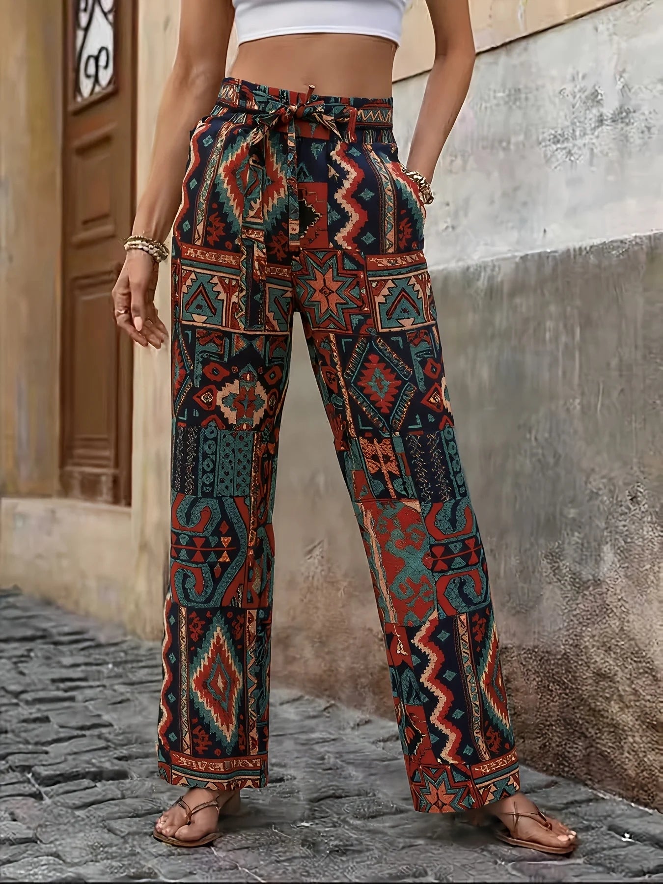 Ethnic Geometric Print Wide-Leg Pants, High-Waist Lace-Up Slimming Ankle-Length Trousers, Vacation Outfit