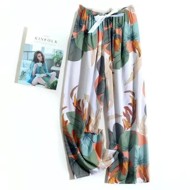 Cute Women Loose Pajama Pants Summer Lounge Trousers Floral Print Casual Stretch Waist Drawstring High Waist Pants Home Pants
