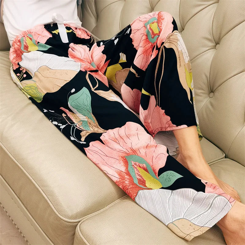 Loungewear Women Summer Pants Thin Bottoms Large Size Home Wear Pants Flower Print Loose Cute Trousers