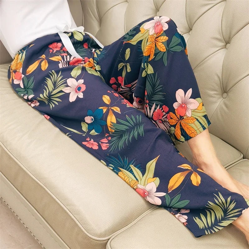 Loungewear Women Summer Pants Thin Bottoms Large Size Home Wear Pants Flower Print Loose Cute Trousers