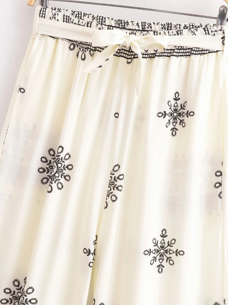 Vintage Chic Women Purple Floral Bohemian Wide Leg Pants with Pockets Lady Elastic Waist Loose Vacation Boho Pant Trousers