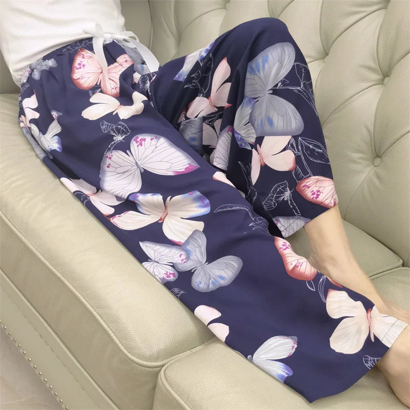 Long Sleeping Pants Summer Women Thin Bottoms Spring Large Size Cartoon Home Wear Pants Pajamas Flower Print Loose Cute Trousers