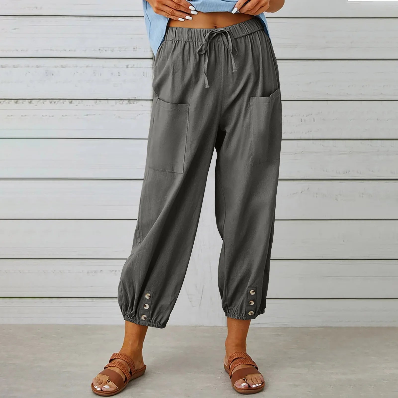 Cotton Linen Harem Pants Women Casual Elastic High Waist Lace Up Loose Ankle Trousers Vintage Harajuku Wide Leg Straight Pants