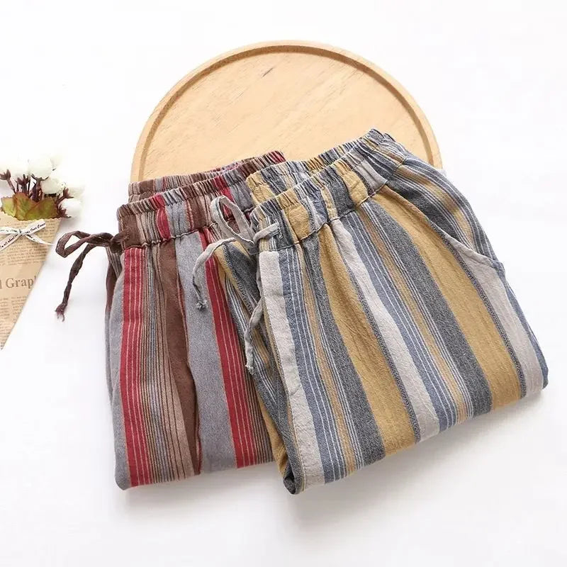 Striped Vintage Elastic High Waist Lace Up Cotton Linen Women's Pants Korean Fashion Wide Leg Ankle-Length Pants For Women 2025