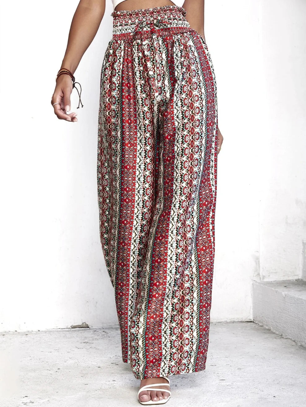 Full print wide leg pants bohemian paper bag waist closure vacation pantswomens clothing