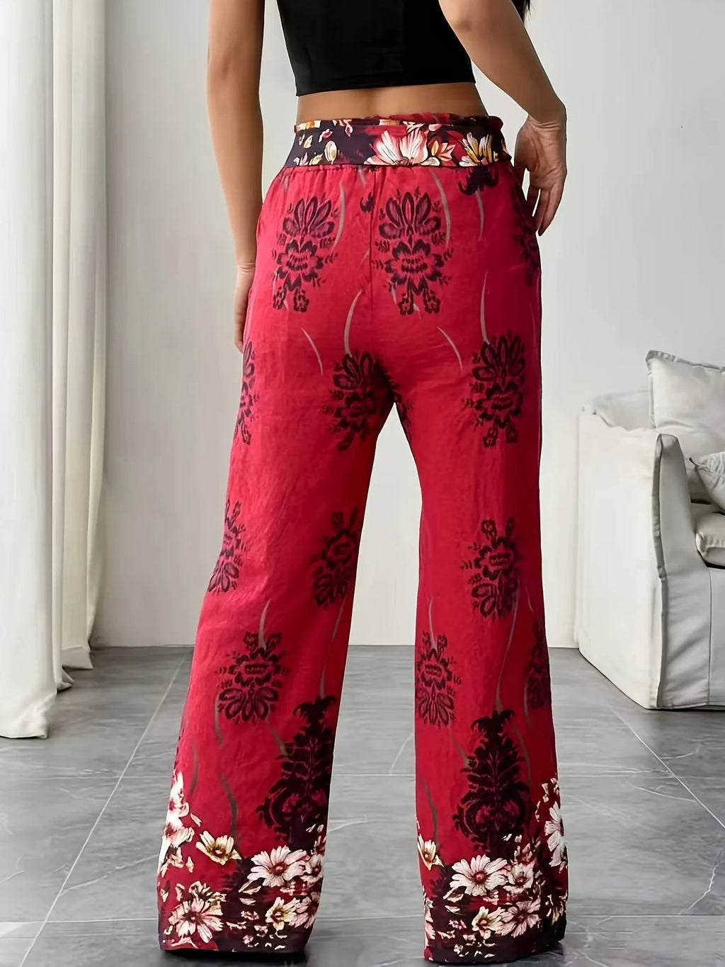 Burgundy Floral Print Wide Leg Pants, Tie Waist, Bohemian Style Vacation Casual Pants