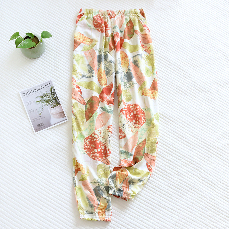 Spring and summer new women's trousers 100% viscose large flowers comfortable pajama pants loose closing home pants plus size