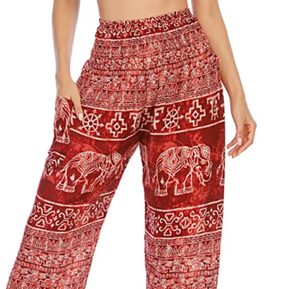 Thai Elephant Print Women Harem Pants Wide Elastic Waist Wide-Leg Trousers Vacation Work Bloomers