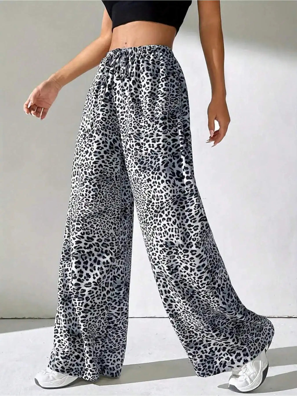 Summer casual elegant style elastic waist color blocked leopard print wide leg pants long pants