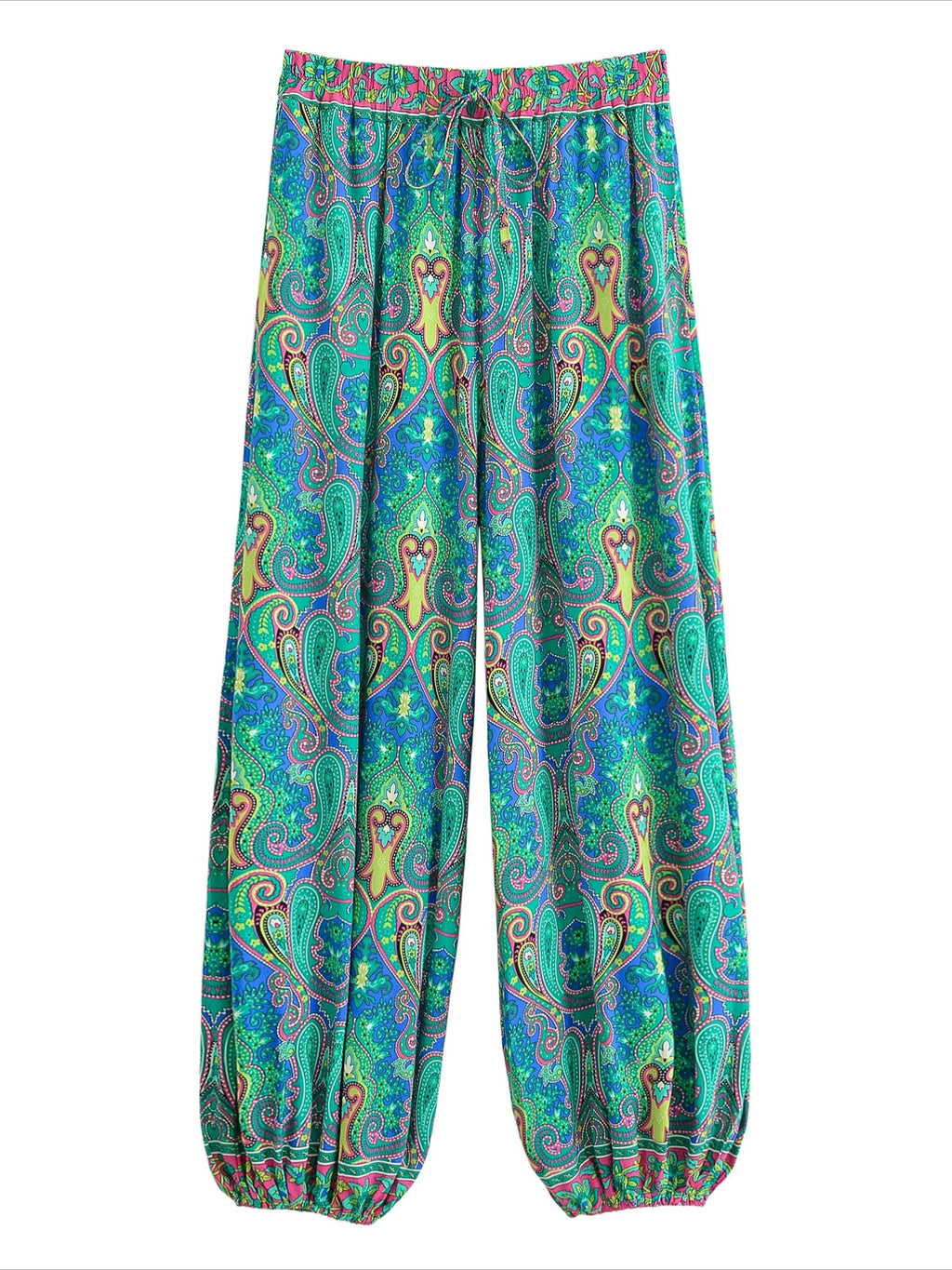 Vintage Chic 2025 Autumn Fashion Green Floral Print Baggy Pants Women Bloomers Casual Mid Waist Side Pockets Loose Yoga Trousers