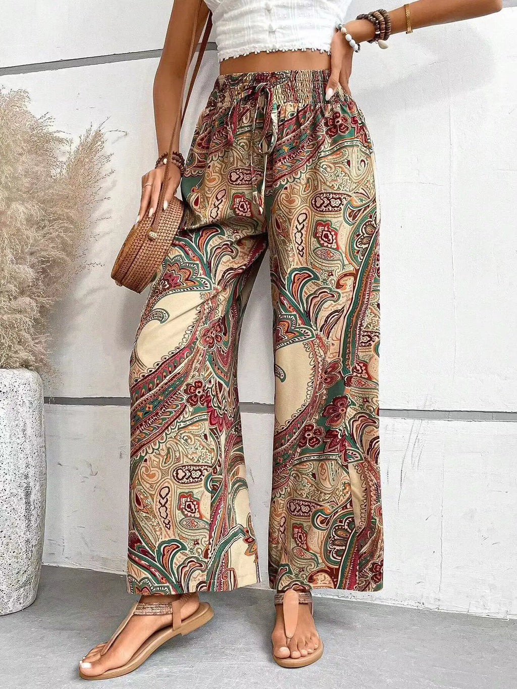 Fashion Vintage Print Wide-leg Pants Women Casual High-waisted Trouser Spring Summer  Ladies Clothes Loungewear