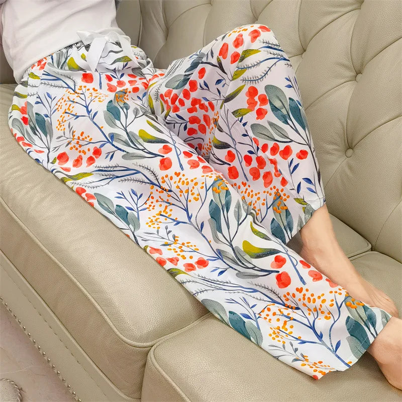 Loungewear Women Summer Pants Thin Bottoms Large Size Home Wear Pants Flower Print Loose Cute Trousers