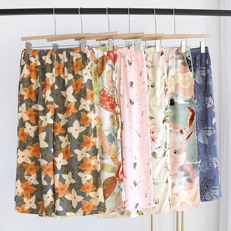 Summer new women's 100% viscose pajama pants cropped pants thin loose wide leg pants home pants pajama plus size cute shorts