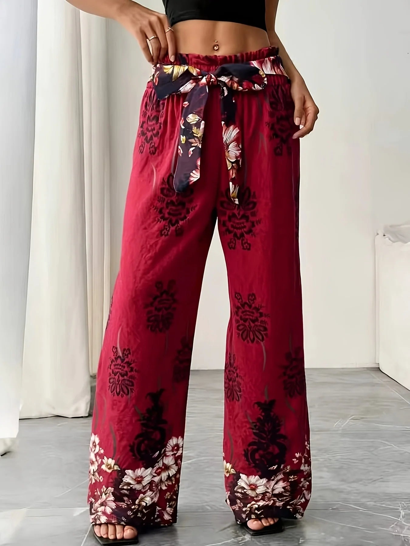 Burgundy Floral Print Wide Leg Pants, Tie Waist, Bohemian Style Vacation Casual Pants