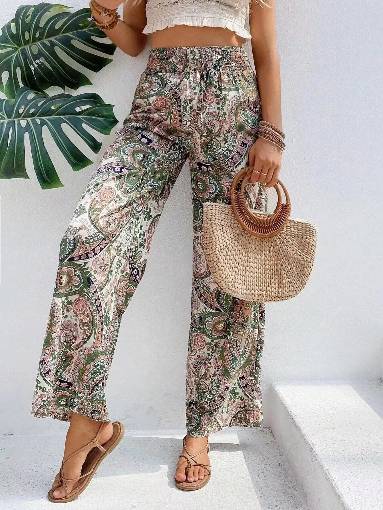 Fashion Vintage Print Wide-leg Pants Women Casual High-waisted Trouser Spring Summer  Ladies Clothes Loungewear