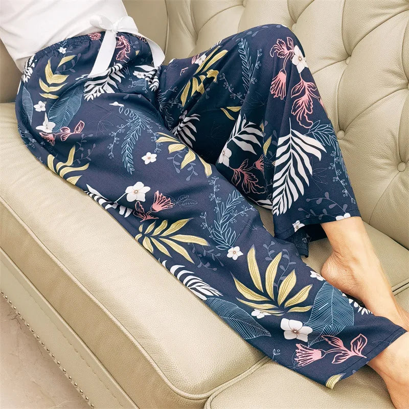 Loungewear Women Summer Pants Thin Bottoms Large Size Home Wear Pants Flower Print Loose Cute Trousers