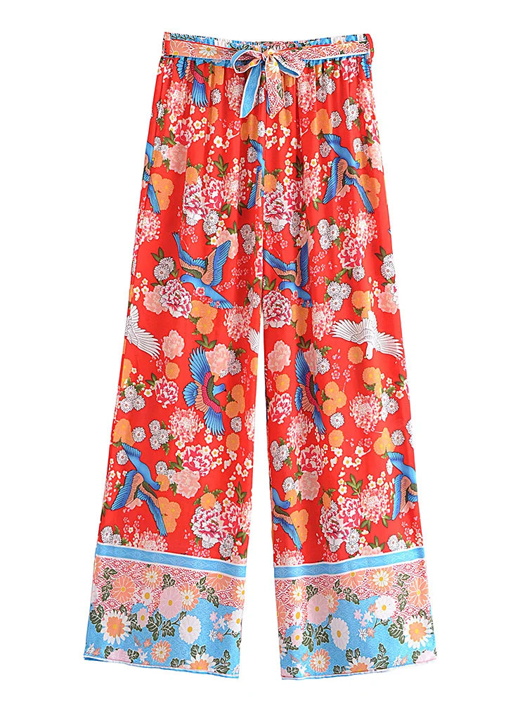 Happie Queens Women Floral Print Bohemian Wide Leg Pants Lady Elastic Waist Loose Rayon Boho Long Pants Beach Casual Trousers