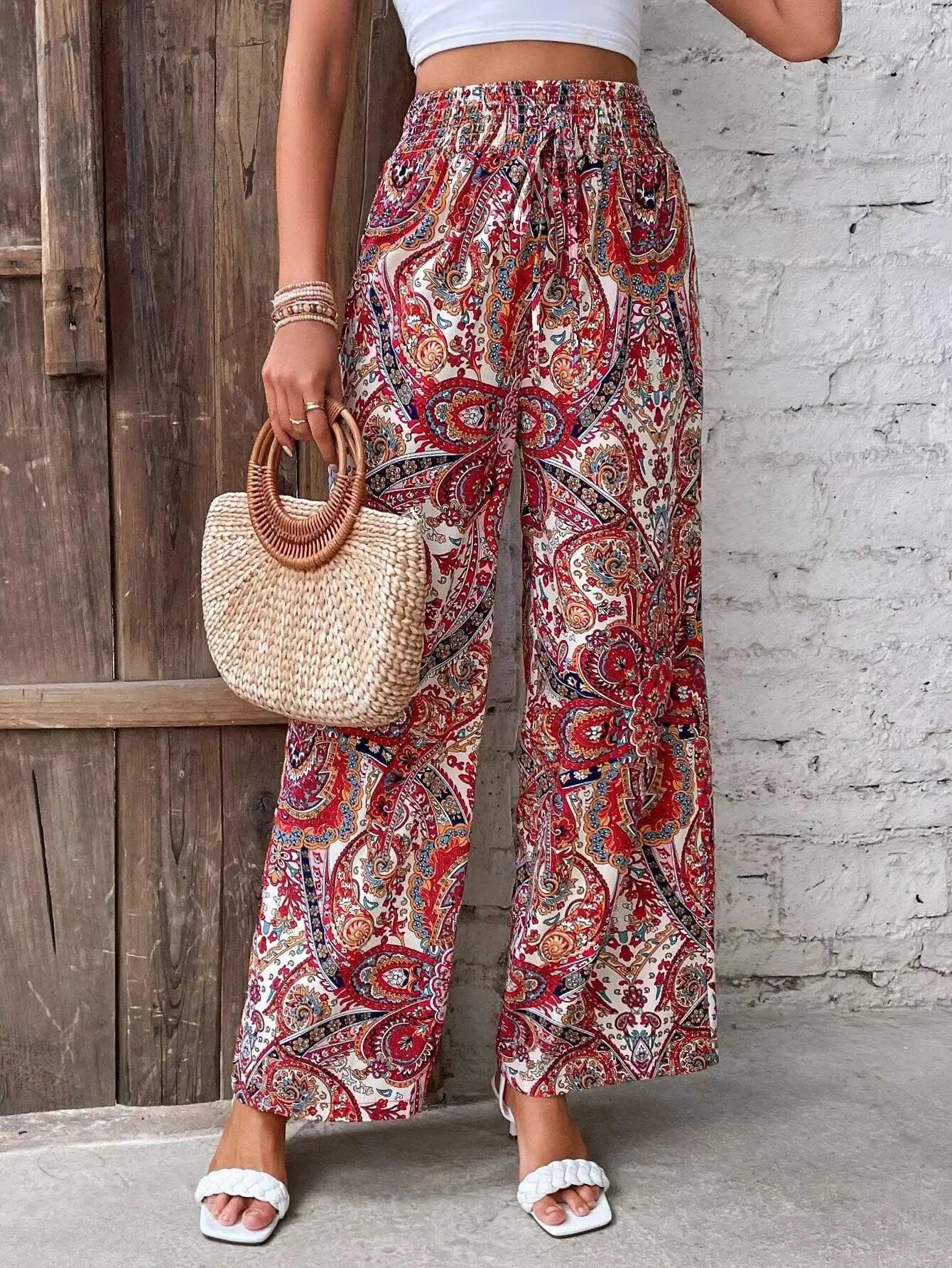 Fashion Vintage Print Wide-leg Pants Women Casual High-waisted Trouser Spring Summer  Ladies Clothes Loungewear