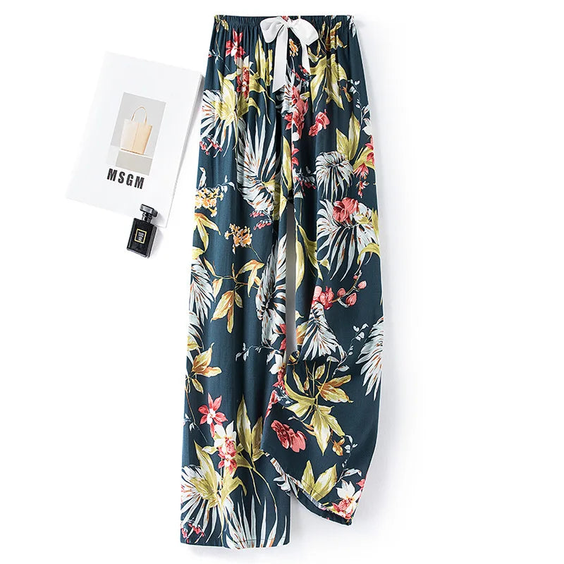 New Ladies Pants Viscose Pajama Sleep Bottoms Thin Loose Large Size Pants Women Pants Home Clothes Loungewear Floral Sleepwear