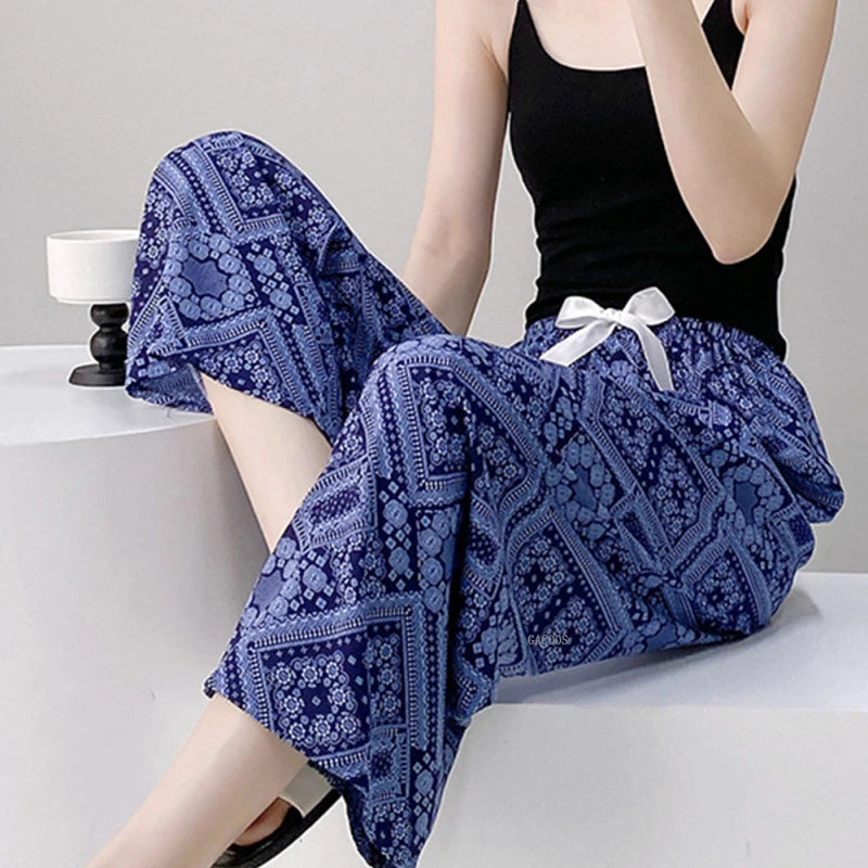 Loungewear Women Summer Pants Thin Bottoms Large Size Home Wear Pants Flower Print Loose Cute Trousers