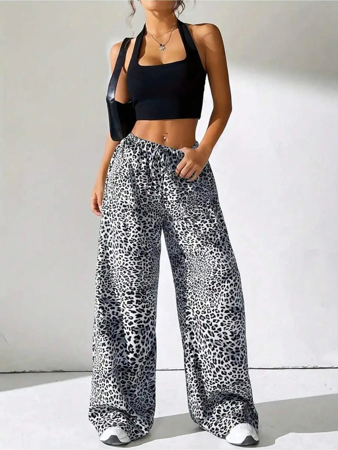 Summer casual elegant style elastic waist color blocked leopard print wide leg pants long pants