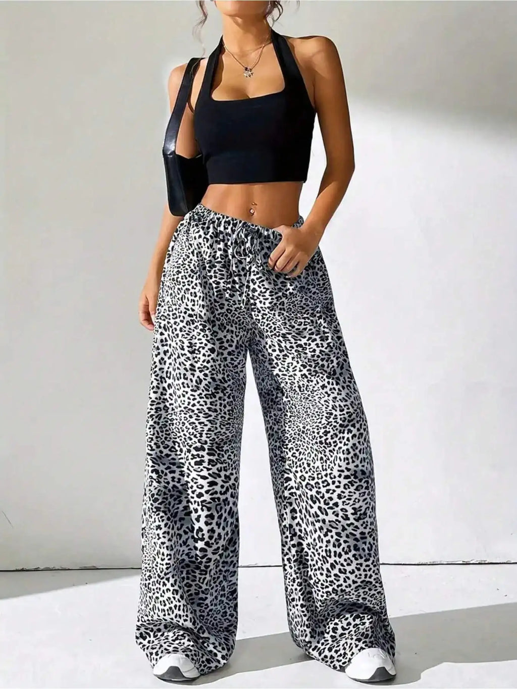Summer casual elegant spicy girl style elastic waist color blocked leopard print wide leg pants long pants