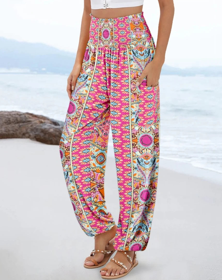 Women Boho High Waist Smocked Harem Pants With Floral And Geometric Print Side Pocket And Elastic Cuffs Perfect For Beach Vacati